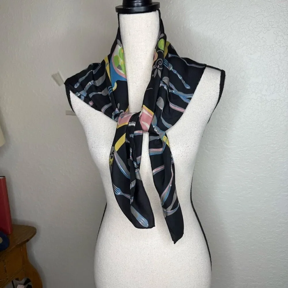 Zazou Luxe Black & Pink Dinner Party Motif Silk Scarf Size 33”X34”